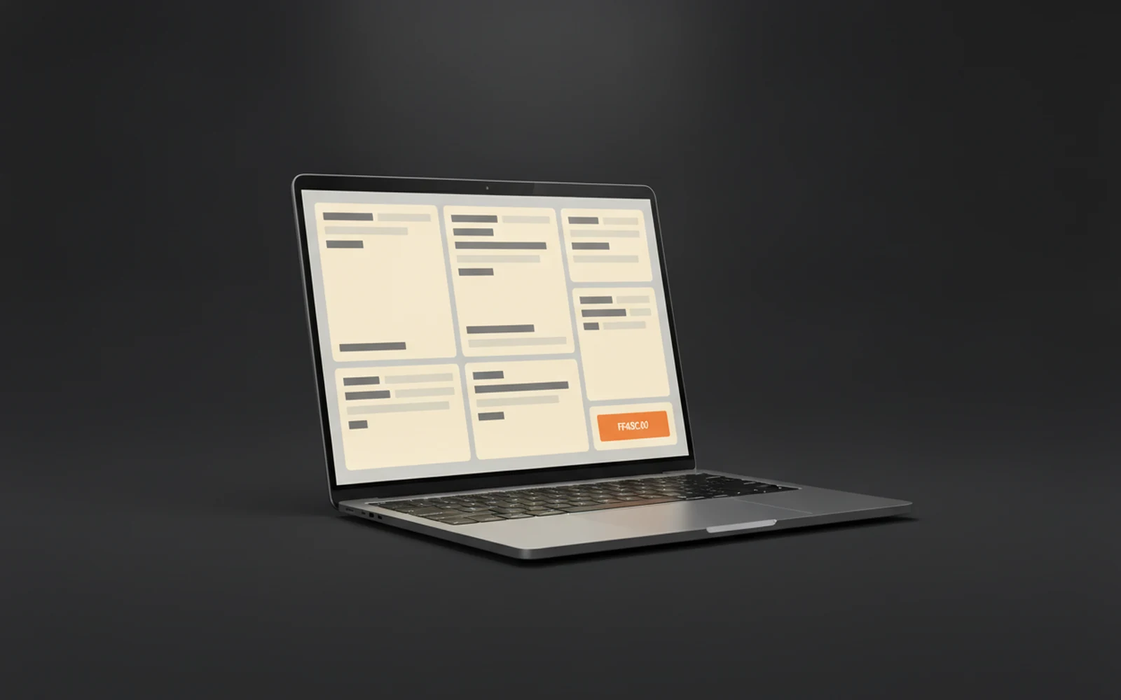 Laptop on charcoal background showing a cream block-based template editor interface with one orange button