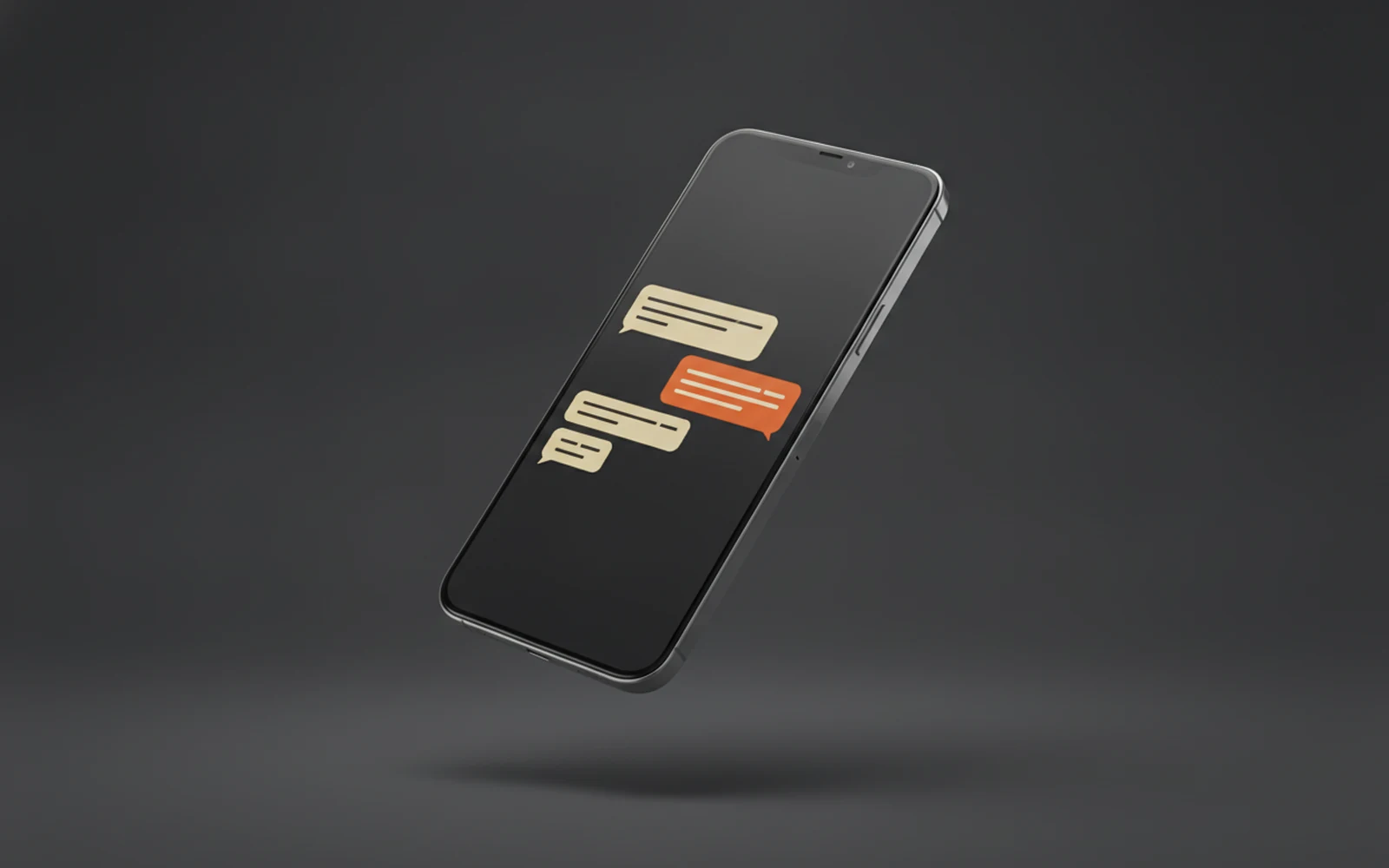 Floating smartphone on charcoal background showing cream chat bubbles and one orange bubble
