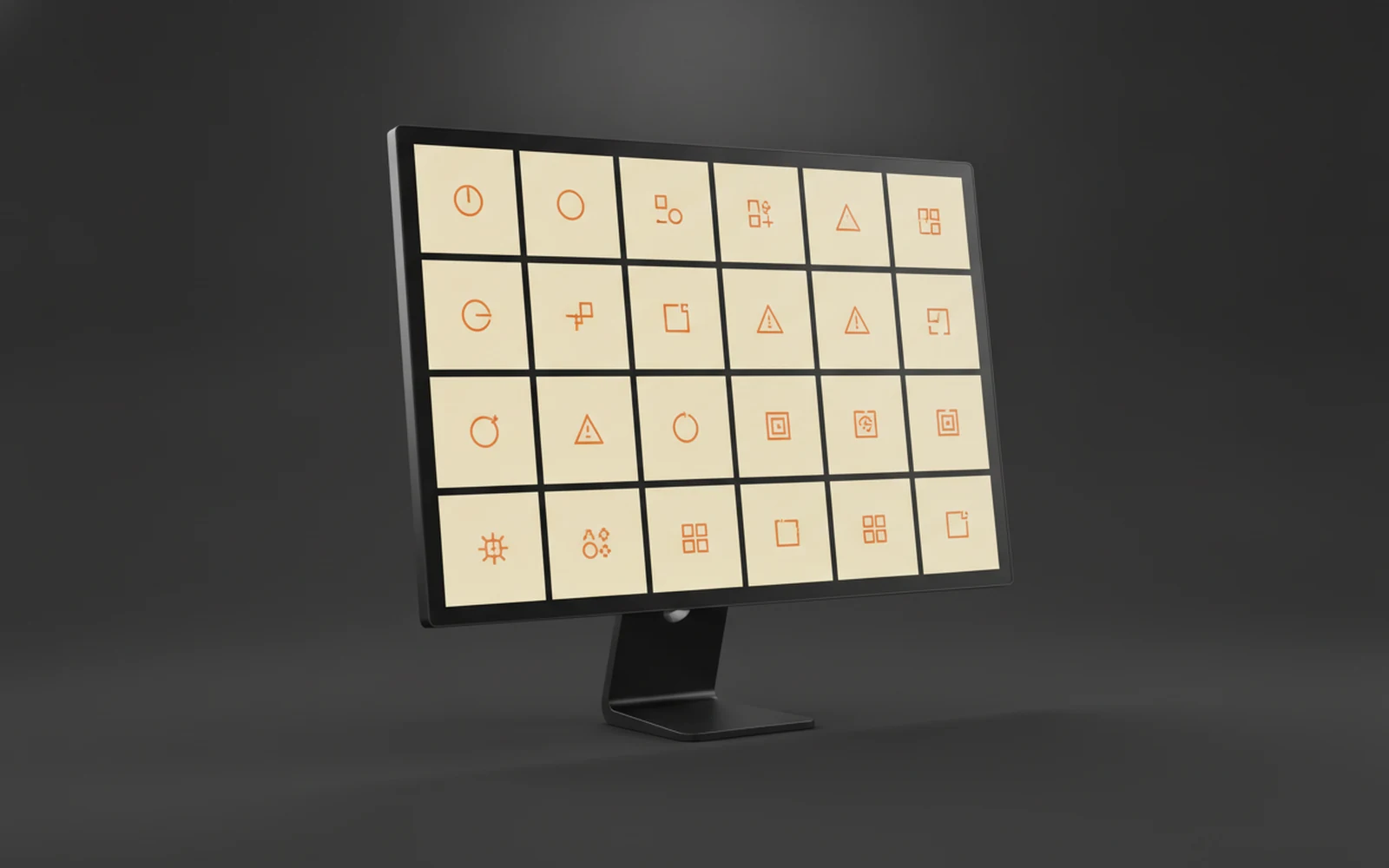 Desktop monitor on charcoal background showing a grid of cream tool tiles with orange icons